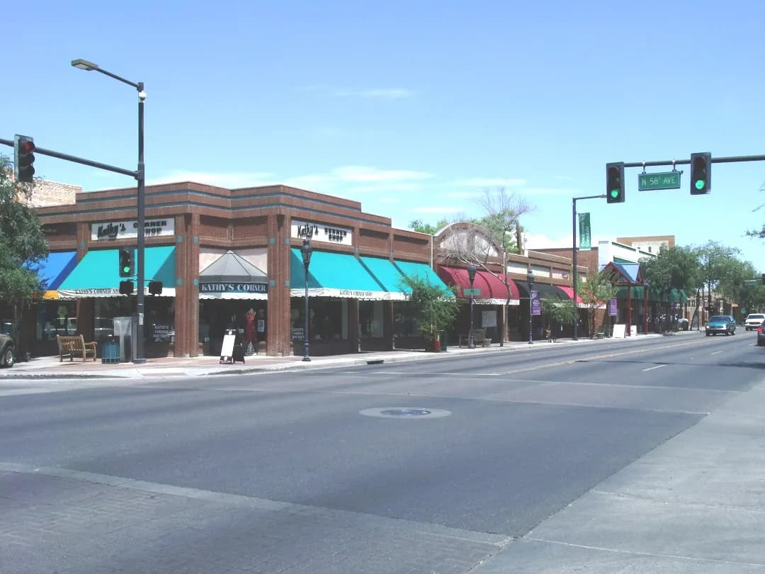 Historic downtown Glendale, Arizona storefronts under blue sky