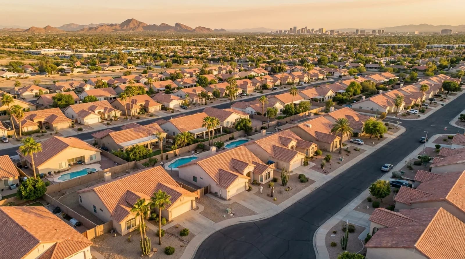 Aerial view of a Glendale, Arizona neighborhood at golden hour