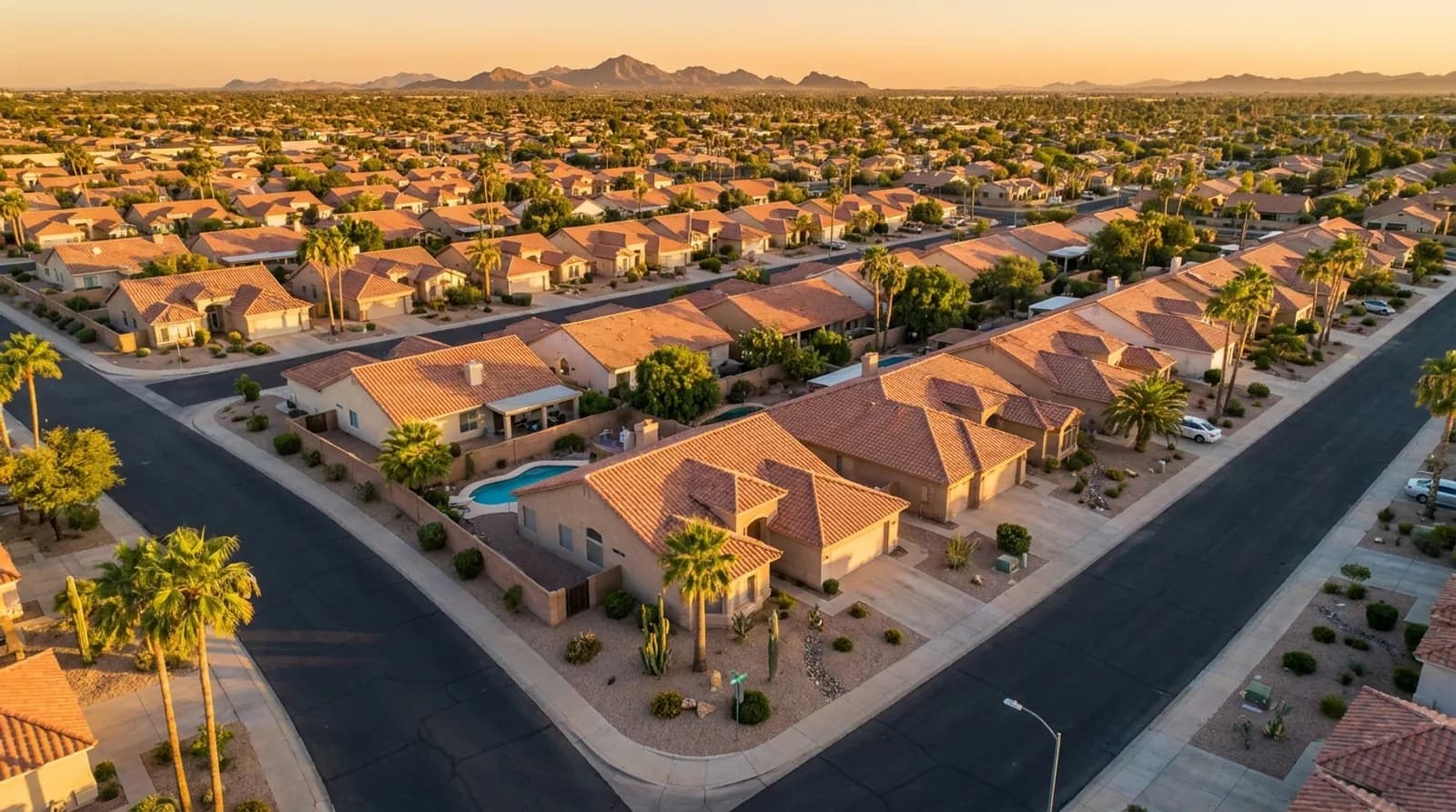 Aerial view of a Peoria, Arizona neighborhood at golden hour